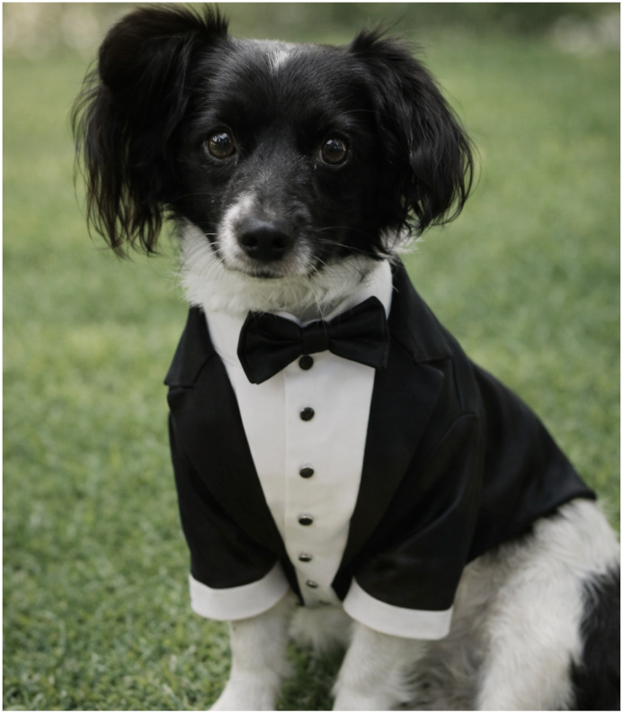 A dog in a tuxedo